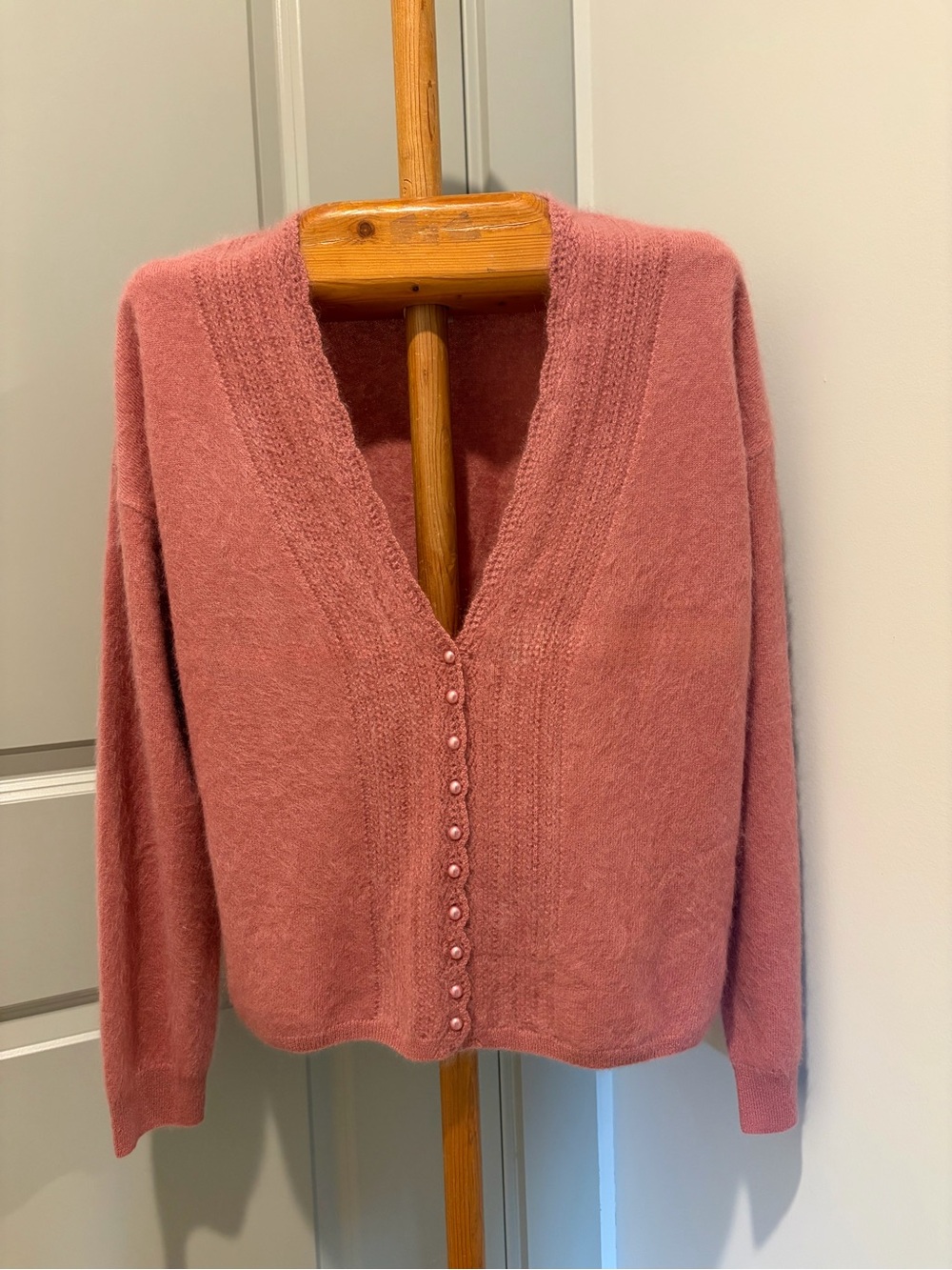 Laura Ashley Rose Pink 100% Cashmere V-Neck Button Cardigan Sweater XL Soft